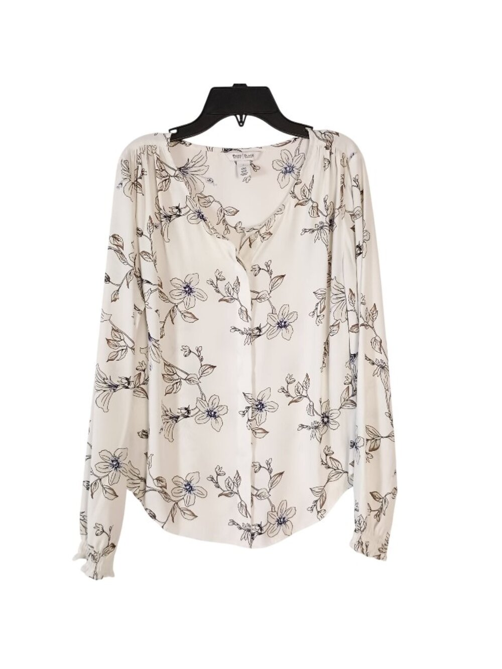 White House Black Market Blouse Women's S Black White Floral Button Front Ruffle